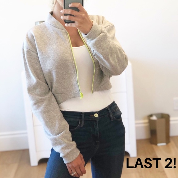 Looks by Lauren Jackets & Blazers - KIEV Gray Cropped Fleece Zip Up Jacket w Neon